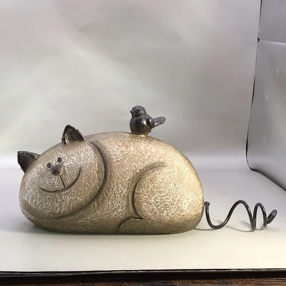Resin Kitty With Curly Tail And A Bird On His Back Cat